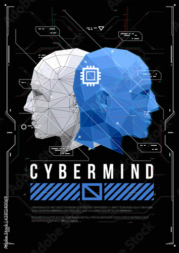 Cyber mind concept poster with low poly head. Futuristic illustration with HUD elements.