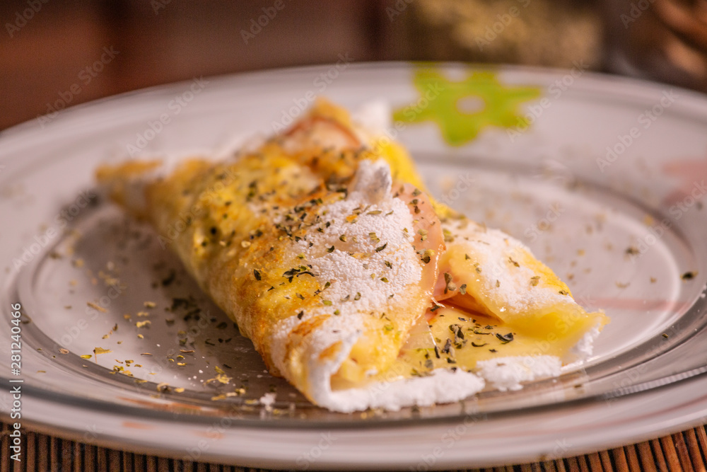 Delicious tapioca from manioc flour with cheese. Brazilian typical food. Delicious tapioca from manioc flour with cheese. Brazilian typical food.