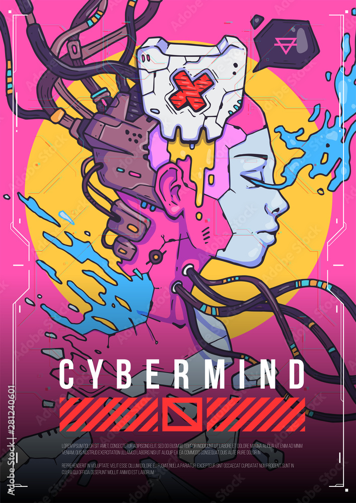 Obraz premium cyber girl face, concept illustration. Futuristic cartoon illustration in trendy style.