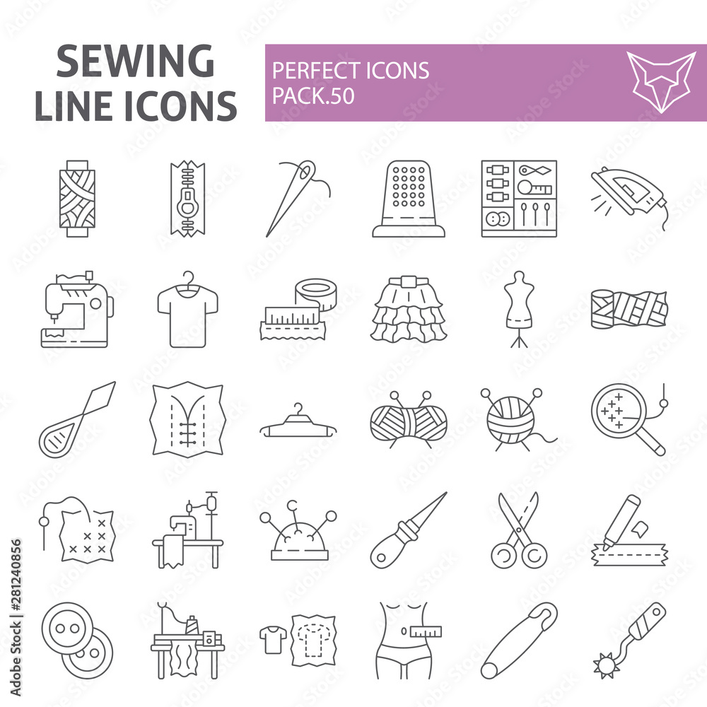Sewing thin line icon set, tailor symbols collection, vector sketches, logo illustrations, dressmaking signs linear pictograms package isolated on white background. Sewing thin line icon set, tailor symbols collection, vector sketches, logo illustrations, dressmaking signs linear pictograms package isolated on white background.