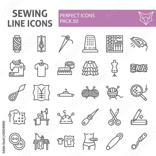 Sewing line icon set, tailor symbols collection, vector sketches, logo illustrations, dressmaking signs linear pictograms package isolated on white background.
