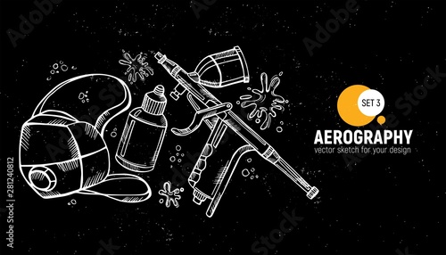 Hand drawn vector illustration of aerography tools. Protective mask, respirator, airbrush and spray paint. Set 3
