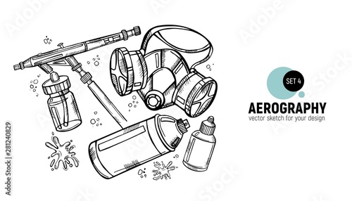 Hand drawn vector illustration of aerography tools. Protective mask, respirator, airbrush and spray paint. Set 4