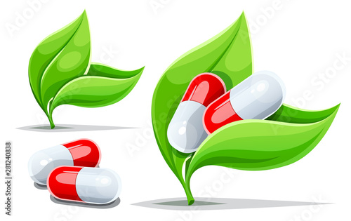 Drugs and herbs. Ayurvedic alternative medicine concepts set with green leaves and herbal pills, Isolated on white transparent backgound. Vector illustration.