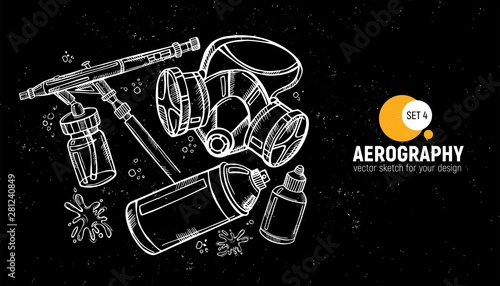 Hand drawn vector illustration of aerography tools. Protective mask, respirator, airbrush and spray paint. Set 4