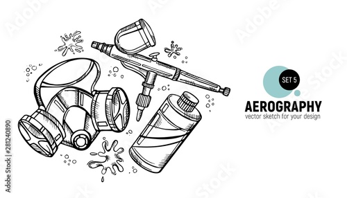 Hand drawn vector illustration of aerography tools. Protective mask, respirator, airbrush and paint. Set 5