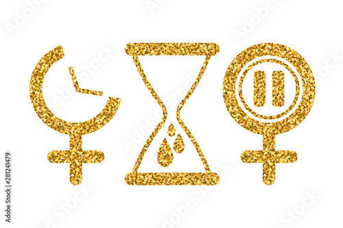 Set of gynecology icon in gold glitter color. Concept of menstruation period, pregnancy or menopause. Vector illustration