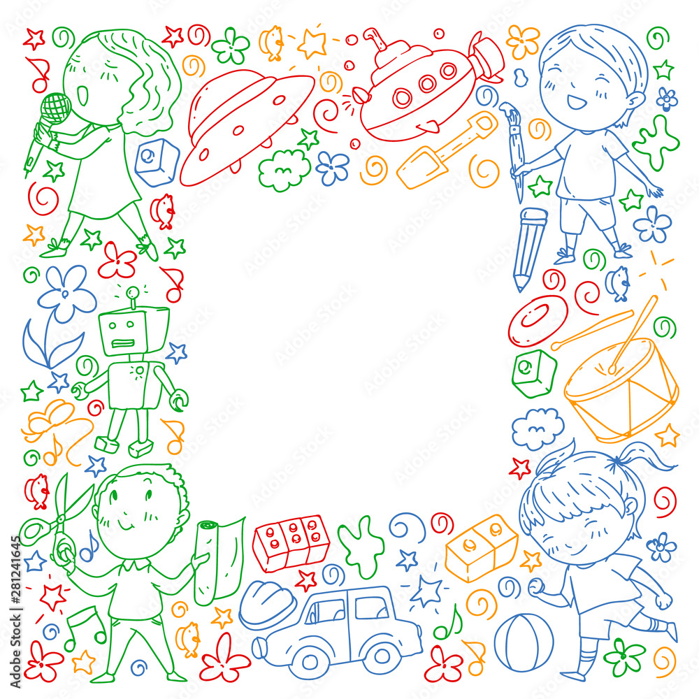 Painted by hand style pattern on the theme of childhood. Vector illustration for children design. Drawing on exercise notebook in colorful style.