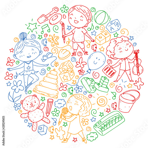 Painted by hand style pattern on the theme of childhood. Vector illustration for children design. Drawing on exercise notebook in colorful style.