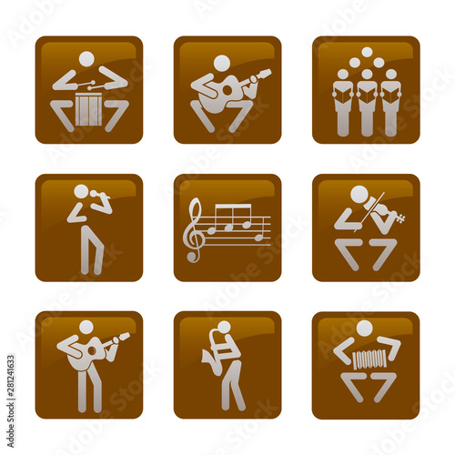  Musicians web icons, buttons. Set of nine brown web icons with musicians. Isolated on white background. Vector available.