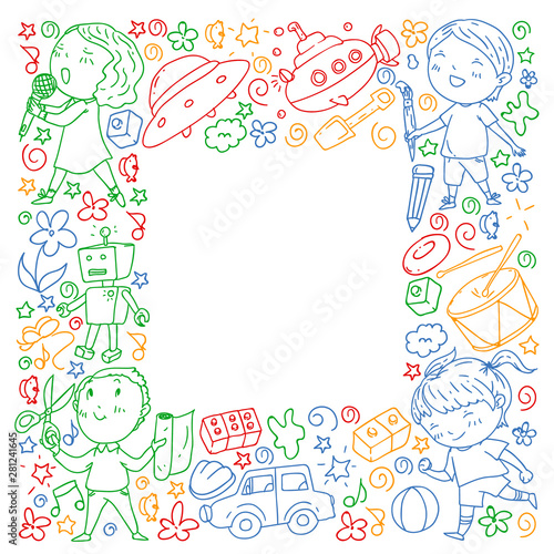 Painted by hand style pattern on the theme of childhood. Vector illustration for children design. Drawing on exercise notebook in colorful style.