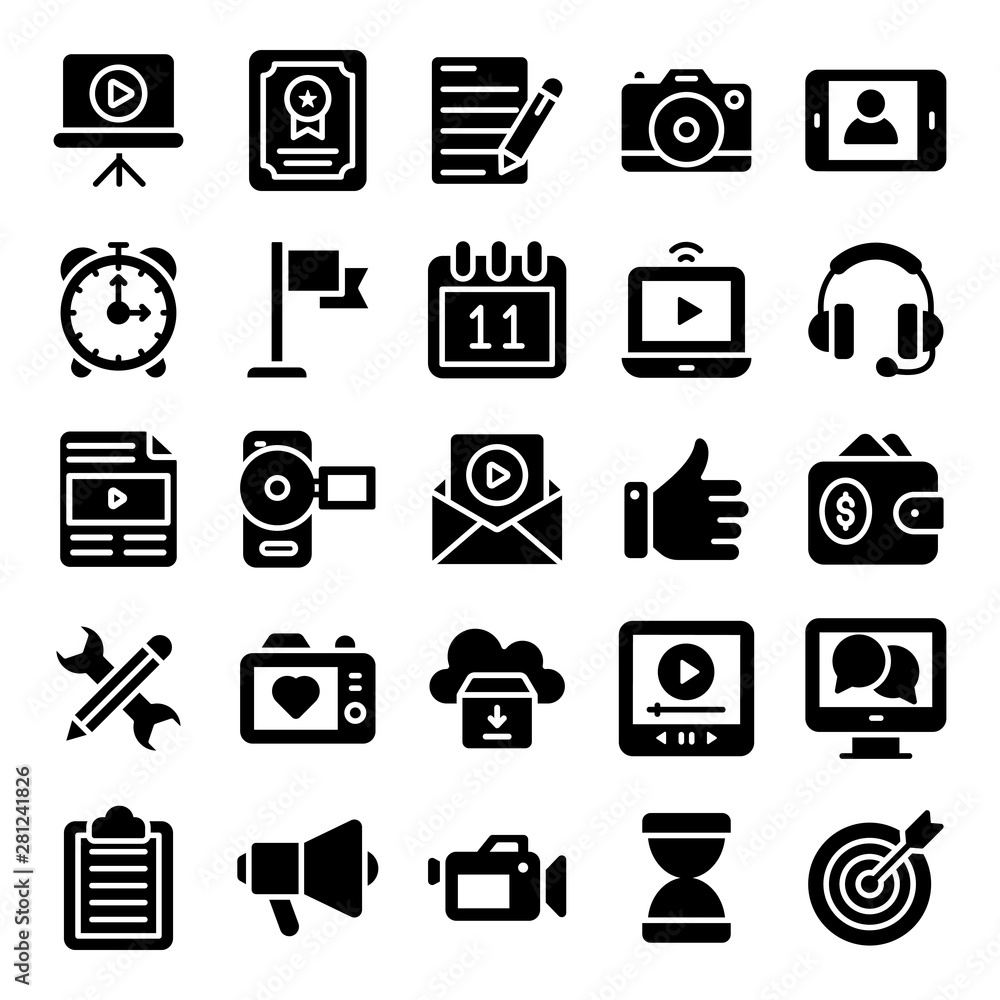 Video Blogging and Copywriting Solid Icons Pack Video Blogging and Copywriting Solid Icons Pack