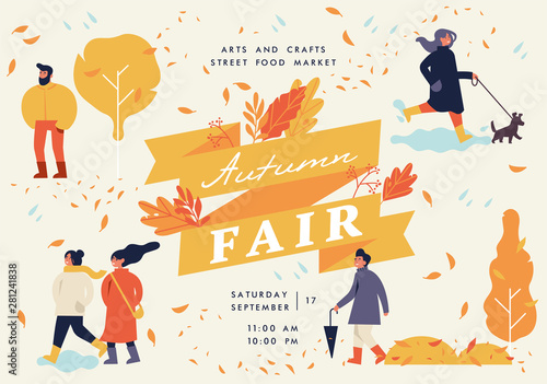 Vector autumn fair poster, flyer or banner or banner template with people enjoying their time outdoors in park. Fall holiday season recreation and public event.
