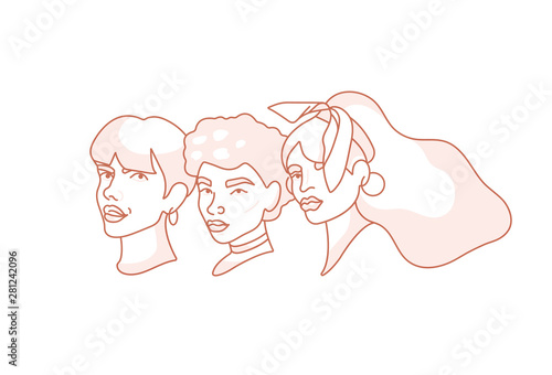 Vector illustration linear face portraits of young woman - girl power and feminist movement. Concept for prints, t-shirts.