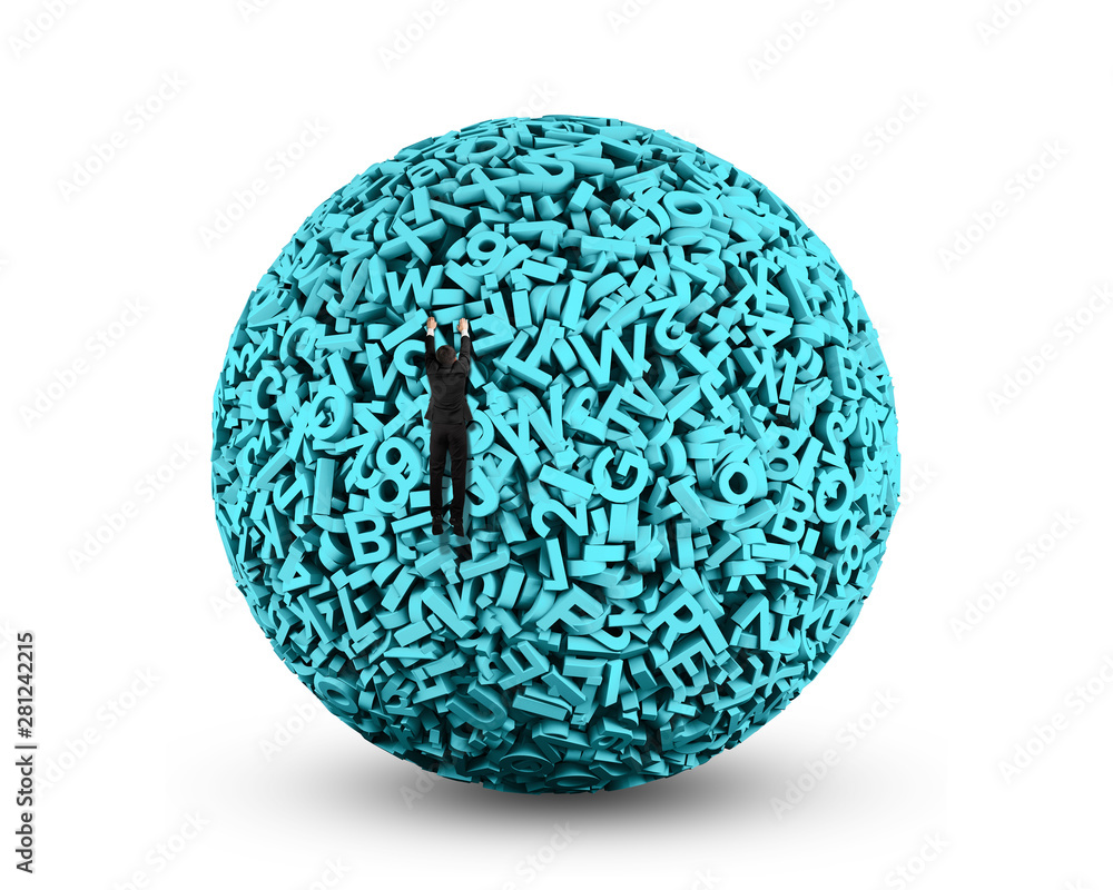 Big data concept. Climbing businessman hang on blue green ball of huge amount 3d letters and numbers, isolated on white background. Big data concept. Climbing businessman hang on blue green ball of huge amount 3d letters and numbers, isolated on white background.