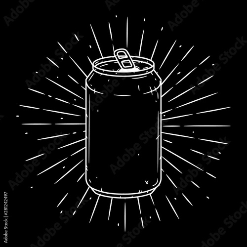 Aluminum can. Hand drawn vector illustration with Aluminum can and divergent rays. Used for poster, banner, web, t-shirt print, bag print, badges, flyer, logo design and more.