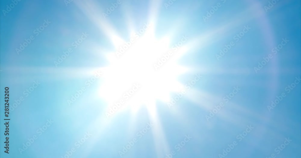 Looking up at bright, vivid sun with sunbeams and lens flare on blue summer sky Looking up at bright, vivid sun with sunbeams and lens flare on blue summer sky