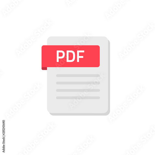 Pdf icon vector isolated on white background, flat cartoon document computer file symbol or pictogram simple red color clipart