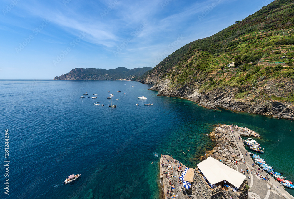 Aerial view of the port of the ancient village of Vernazza. Cinque Terre, National park in Liguria, La Spezia province, Italy, Europe. UNESCO world heritage site