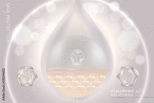 Hyaluronic acid skin solutions ad, white collagen serum drop with cosmetic advertising background ready to use, illustration vector.
