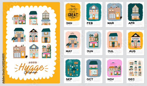 Wall calendar. 2020 Yearly Planner with all Months. Good Organizer and Schedule. Cute house background. Motivational quote lettering. Flat vector illustration in trendy style