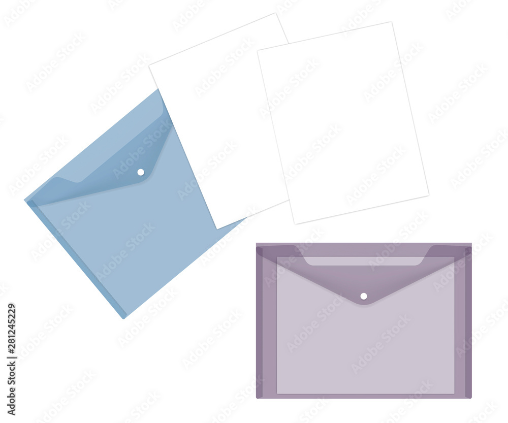 Clear plastic envelope cases with blank letter-sized paper sheets, vector template. Transparent file holders with snap buttons. Back to school mockup Clear plastic envelope cases with blank letter-sized paper sheets, vector template. Transparent file holders with snap buttons. Back to school mockup