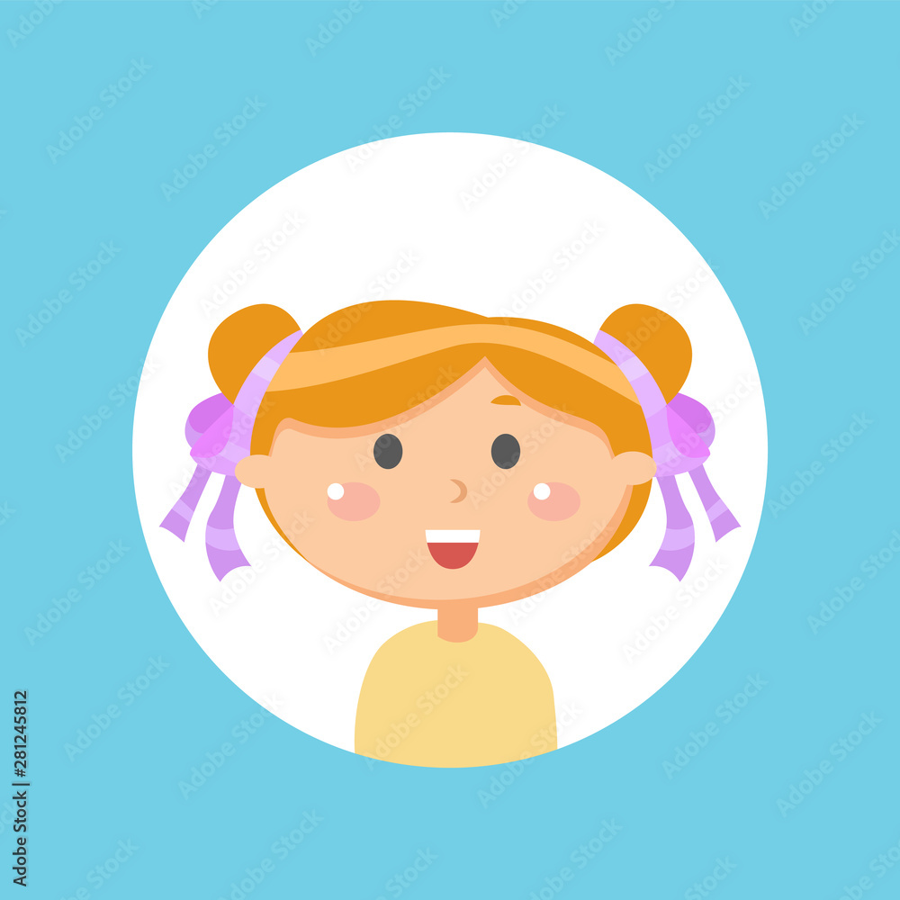Head of smiling girl, laughing kid with ribbons on hair, smiling female character isolated on blue, child portrait view in flat design style vector Head of smiling girl, laughing kid with ribbons on hair, smiling female character isolated on blue, child portrait view in flat design style vector
