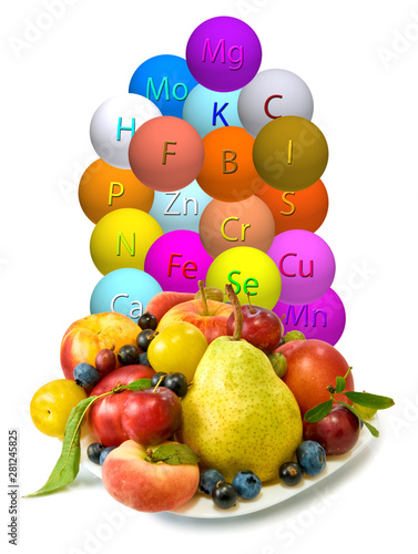 image of fruit and stylized vitamins on a plate