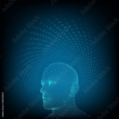 AI. Artificial intelligence concept. Ai digital brain. Abstract digital human face. Human head in robot digital computer interpretation. Robotics concept. Wireframe head concept. Vector illustration.