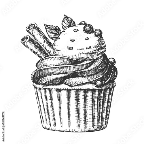 Tasty Ice Cream Cake Sweet Dessert Vintage Vector. Cold Cake With Blackberry And Chocolate Crumbs, Wafer Rolls And Mint Leaves Concept. Design Gastronomy Product Template Monochrome Illustration