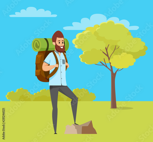 Hiker wearing casual clothes and backpack standing outdoor, green grass, tree and bush. Portrait view of male standing near rock in forest, hiking hobby vector