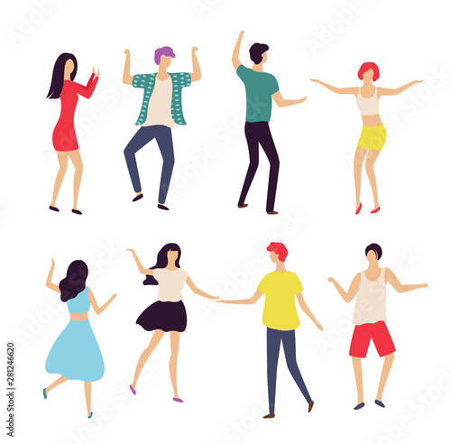 Man and woman dancing in pair, people moving together, holding each other, female rising hands, character on dance floor, full length view of dancer vector