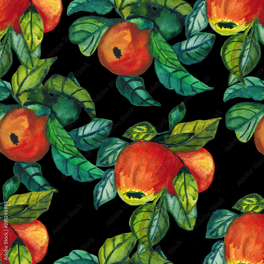 Fototapeta Seamless pattern with ripe red apples.Watercolor of Apple tree with red fruit. Botanical illustration of autumn branches of Apple for a beautiful design.