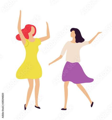Disco party for women, night life of clubbers. Vector people wearing dresses having fun in club. Partying ladies dancing and moving, girlfriends best friends