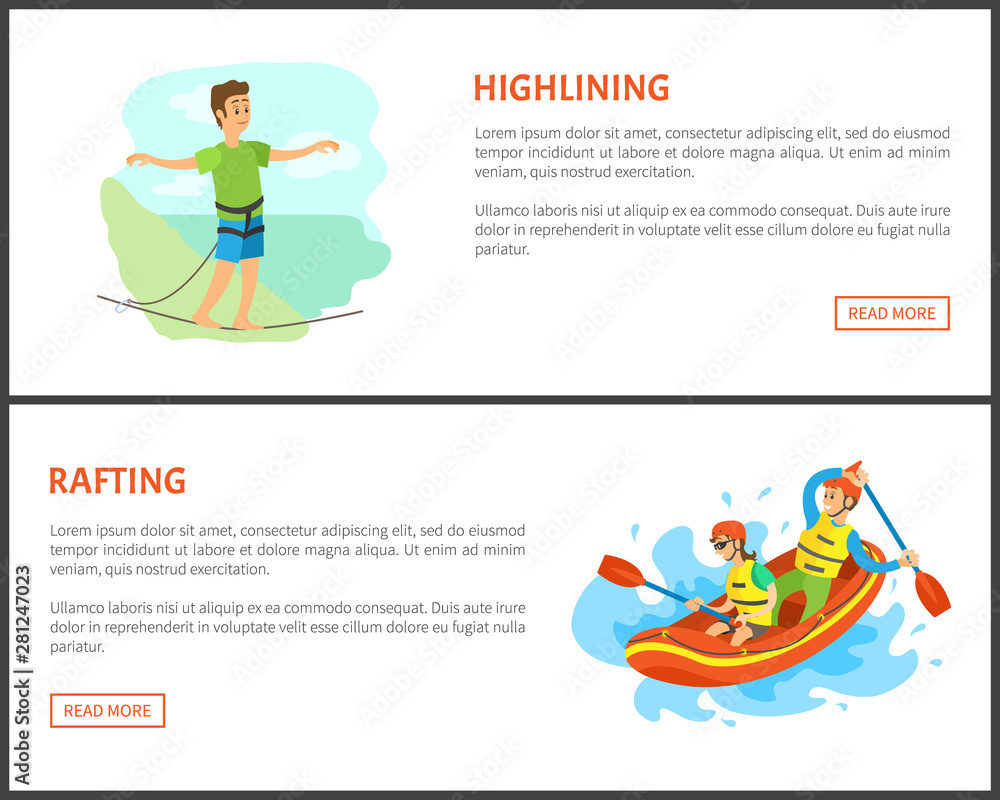 Rafting people in boat vector, team of men and women active lifestyle youth. Highlining male balancing, person confidently walking, websites set with text