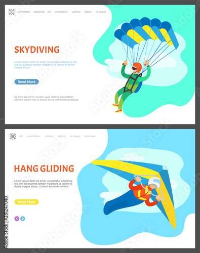 Skydiving and hang gliding vector, people with active lifestyle, skydiver and paraglider. Sky and clouds, flights of people, extreme hobby of men. Website or webpage template, landing page flat style