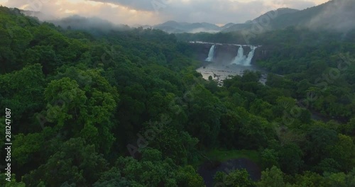 Majestic Aerial View of Tropical Waterfall in Western Ghats- Athirapally Falls, Kerala, India
