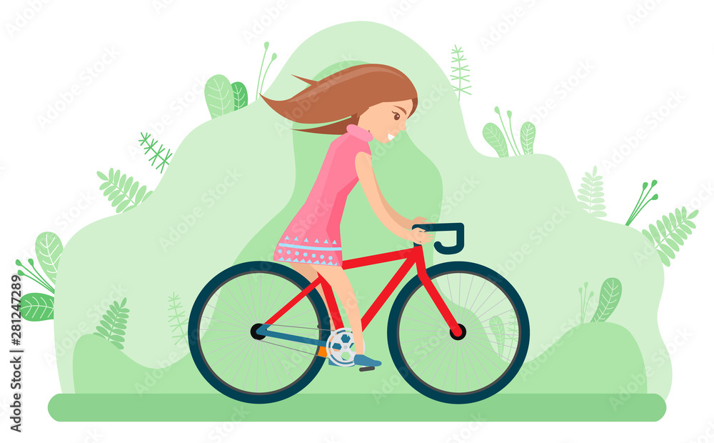 Woman in park hobby of person vector, cyclist in forest riding bicycle along trees and foliage. Teenager on bike, biker surrounded by flora flat style