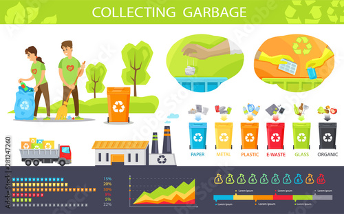 People collecting garbage vector, man and woman volonteers caring for nature, bins with rubbish and litter, infocharts and infographics with stats and info recycling