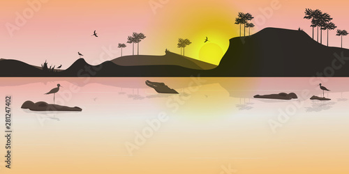 Wild landscape at sunset with crocodiles and birds. Flat design. Vector Illustration.