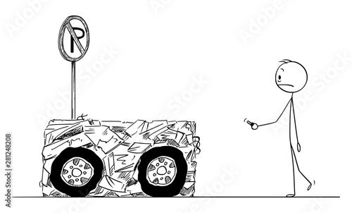 Vector cartoon stick figure drawing conceptual illustration of shocked man who found his car scrapped when parking in no parking area.