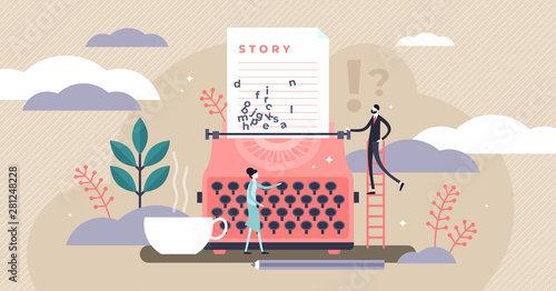 Story vector illustration. Flat tiny literature text author persons concept