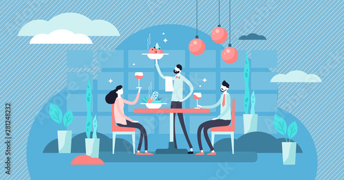 Restaurant vector illustration. Flat tiny food eating scene persons concept