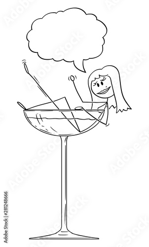 Vector cartoon stick figure drawing conceptual illustration of burlesque sexy seductive woman taking bath in big cocktail glass.