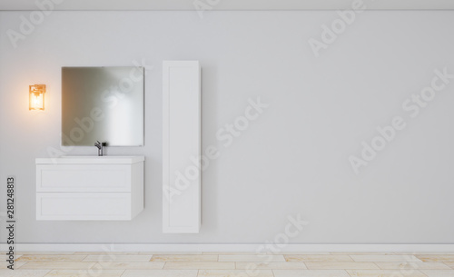 bathroom in a minimalist style. room in gray tones. foggy mirror. 3D rendering.