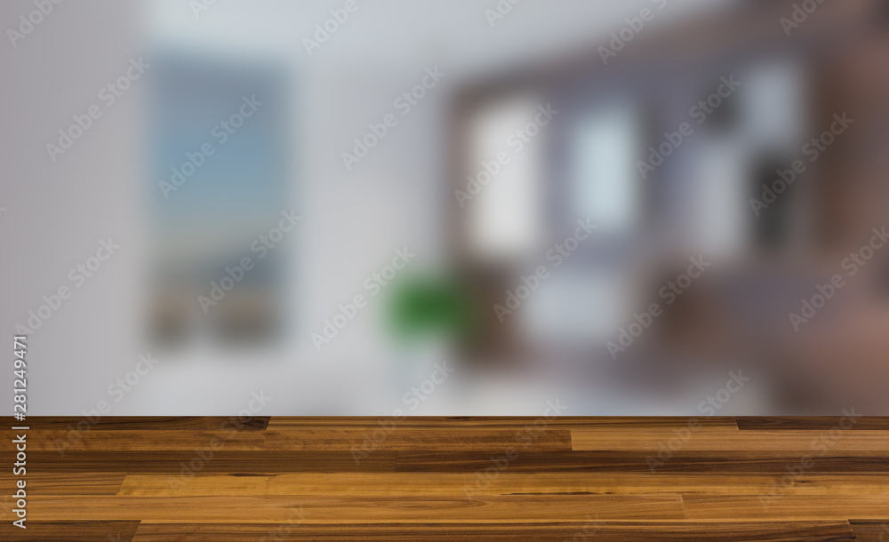 Empty interior with large window. Retro light bulb. The floor is of brown parquet. 3D rendering. wooden table. blurred background Empty interior with large window. Retro light bulb. The floor is of brown parquet. 3D rendering. wooden table. blurred background