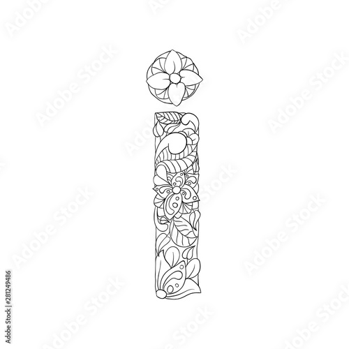 Coloring Book Floral Ornamental Alphabet, Initial Letter I Font. Vector Typography Symbol. Antistress Page for Adults and Monograms.Isolated Poster or Cover Design
