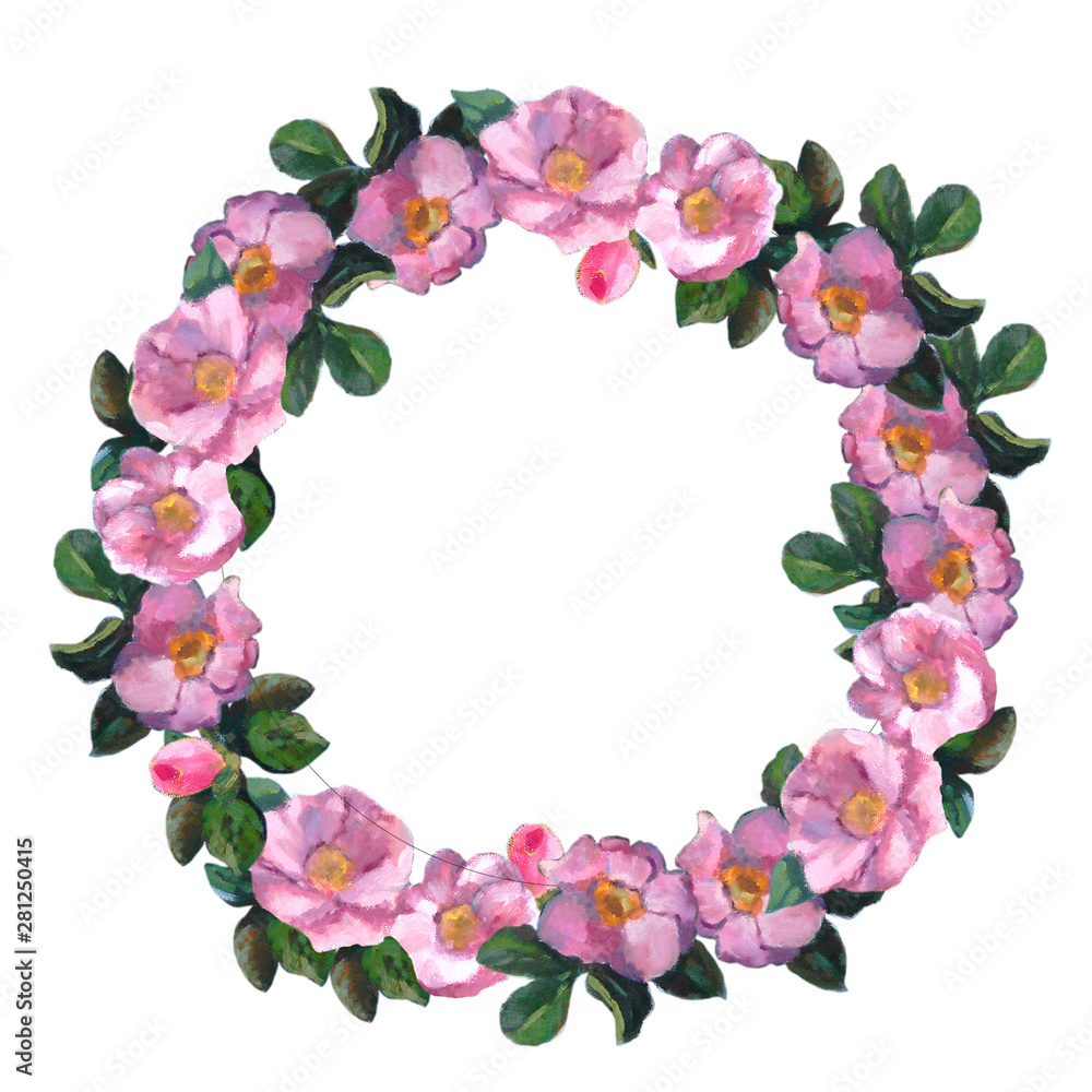 Wild roses wreath, round background / frame. Hand drawn illustration, isolated. Wild roses wreath, round background / frame. Hand drawn illustration, isolated.