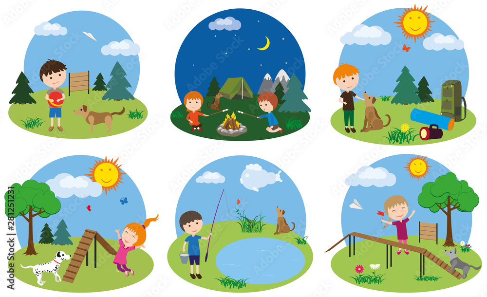 Fototapeta premium Children spend time with their pets. Playing on the dog playground, hiking, fishing.