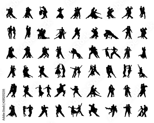 Black silhouettes of tango players on a white background